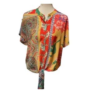 Women’s Umgee Colorful Mandarin Neck Button Down Tie at Waist Blouse Size Small